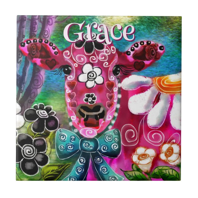 Azulejo De Cerâmica Whimsical Floral Cow Pink Teal Black Personalized (Frente)