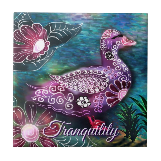 Azulejo De Cerâmica Whimsical Floral Duck Purple Teal Personalized (Frente)