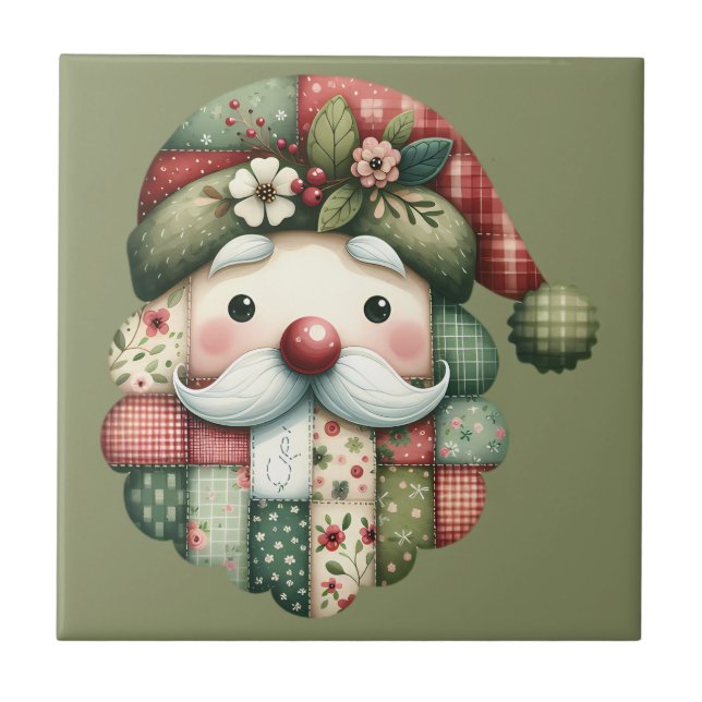 Azulejo De Cerâmica Whimsical Patchwork Santa Folk Christmas (Frente)