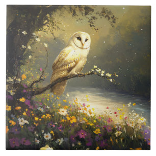 Azulejo De Cerâmica Whimsical Snowy White Owl - Arte selvagem