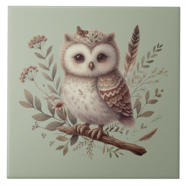 Azulejo De Cerâmica Whimsical Woodland Owl Botanical Illustration (Frente)