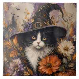 Azulejo De Cerâmica Whimsigótico Gato Preto Bruxa Floral Outono
