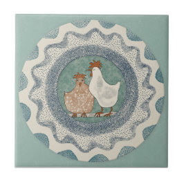 Azulejo De Cerâmica Whimsy Chickens Mint Blue Terracotta Teal Aqua