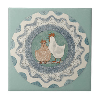Azulejo De Cerâmica Whimsy Chickens Mint Blue Terracotta Teal Aqua