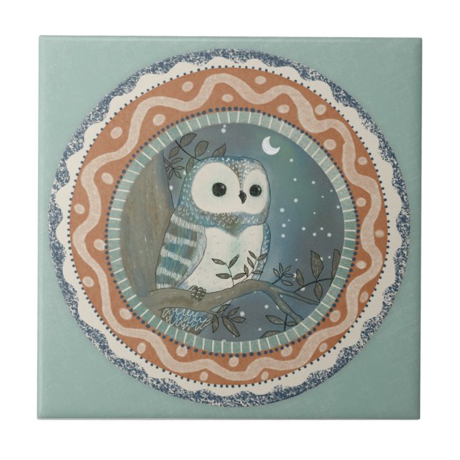 Azulejo De Cerâmica Whimsy Owl Mint Blue Terracotta Teal Aqua (Frente)
