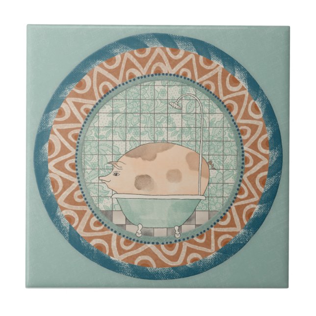 Azulejo De Cerâmica Whimsy Pig Mint Blue Terracotta Aqua Teal (Frente)