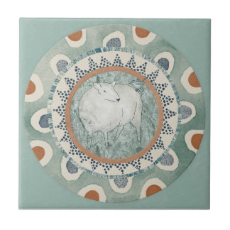 Azulejo De Cerâmica Whimsy Sheep & Bird Mint Blue Terracotta Aqua