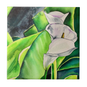Azulejo De Cerâmica White Arum Lily Watercolor, floral tropical