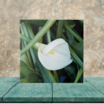 Azulejo De Cerâmica White Calla Lily e Floral Verde<br><div class="desc">Azulejo cerâmico que mostra a foto de uma Lily branca,  a emergir de uma folhagem esmagadora e verde. Um design floral adorável! Selecione o tamanho do seu azulejo. Faz uma trivet de cozinha excelente!</div>