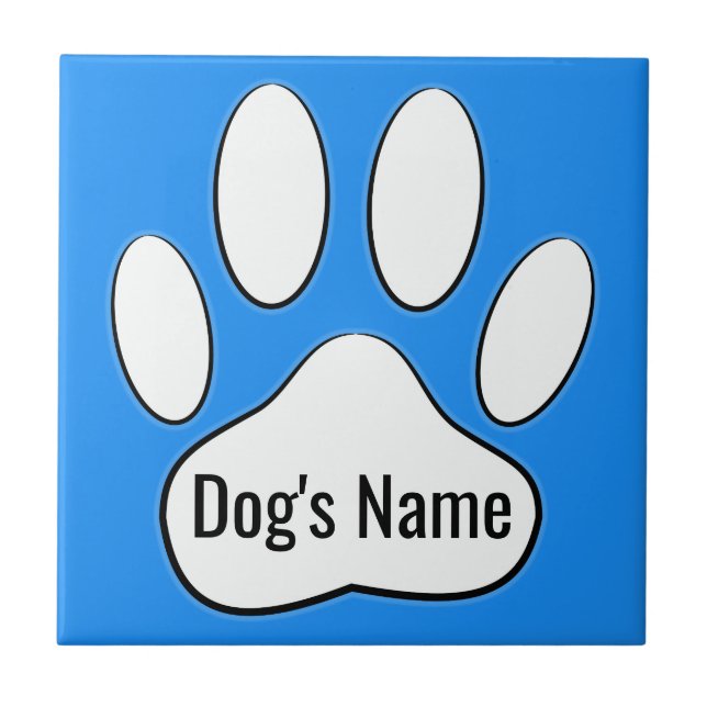 Azulejo De Cerâmica White Dog Paw Imprime Em Azul Adicionar Nome Azule (Frente)