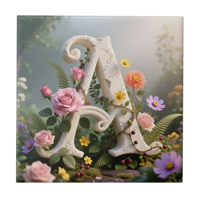 Azulejo De Cerâmica White Floral Garden Monogram Letter A (Frente)