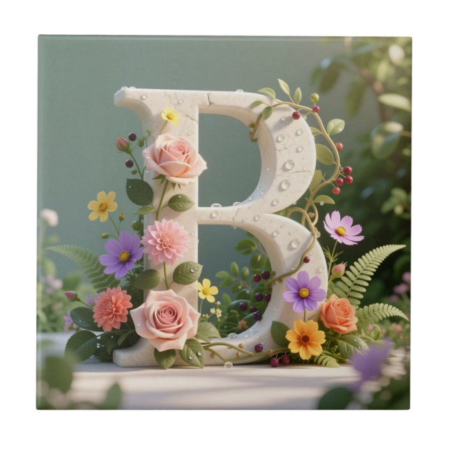 Azulejo De Cerâmica White Floral Garden Monogram Letter B (Frente)