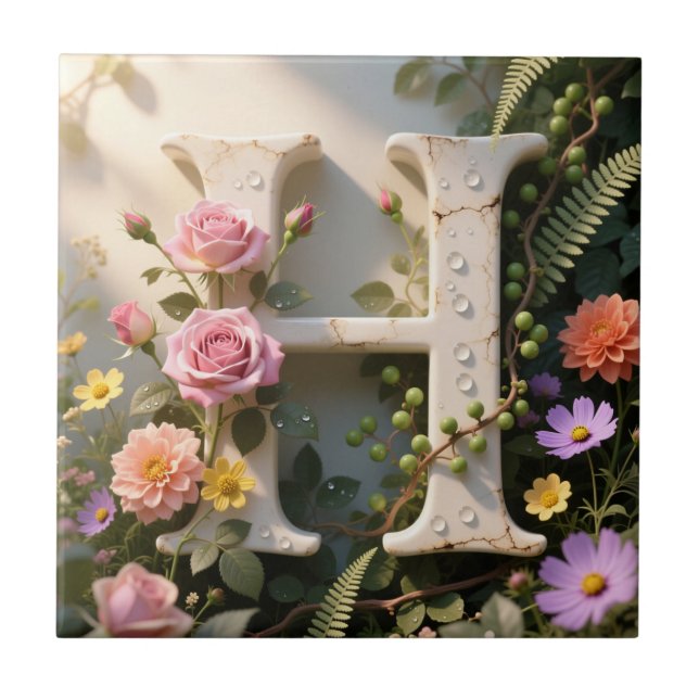 Azulejo De Cerâmica White Floral Garden Monogram Letter H (Frente)