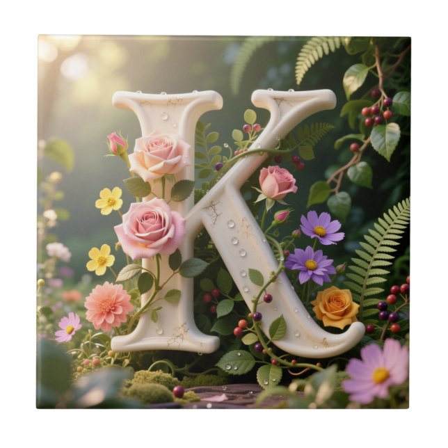 Azulejo De Cerâmica White Floral Garden Monogram Letter K (Frente)