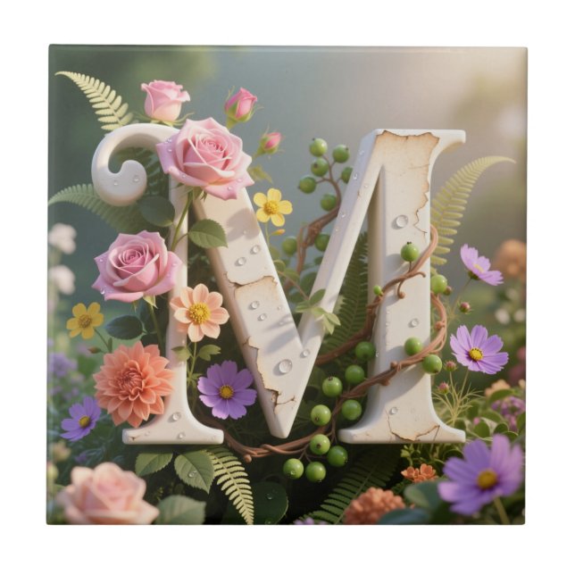Azulejo De Cerâmica White Floral Garden Monogram Letter M (Frente)