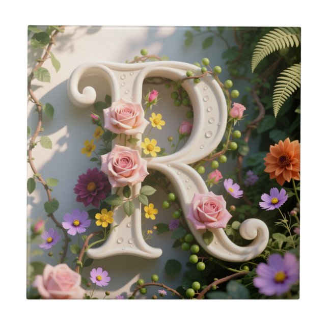 Azulejo De Cerâmica White Floral Garden Monogram Letter R (Frente)
