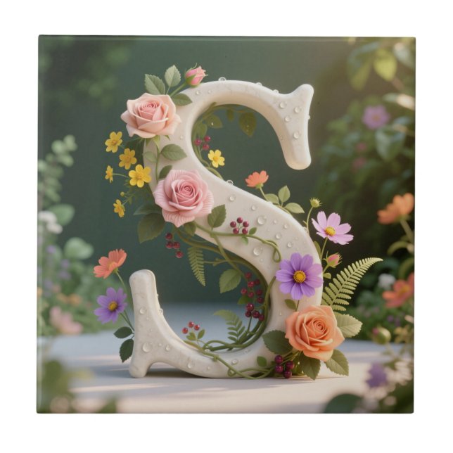 Azulejo De Cerâmica White Floral Garden Monogram Letter S (Frente)
