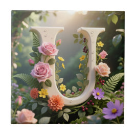 Azulejo De Cerâmica White Floral Garden Monogram Letter U