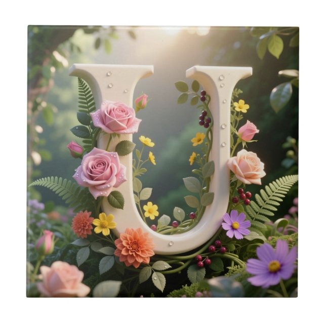 Azulejo De Cerâmica White Floral Garden Monogram Letter U (Frente)