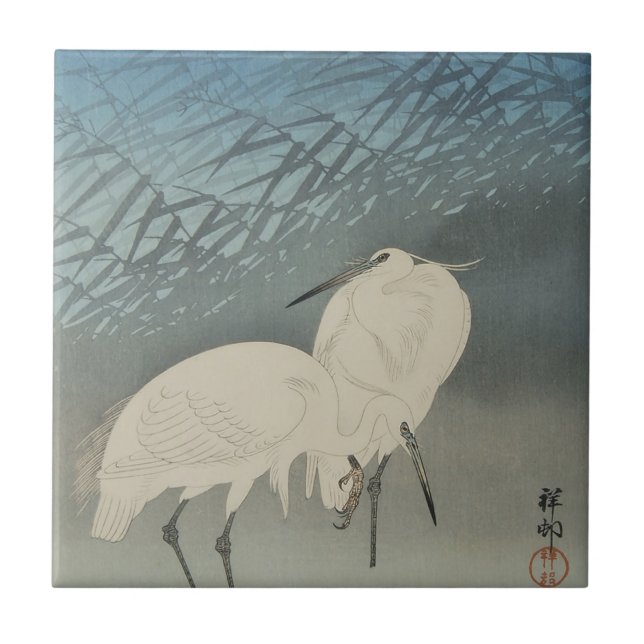 Azulejo De Cerâmica White Herons e Lua, Ohara Koson (Frente)