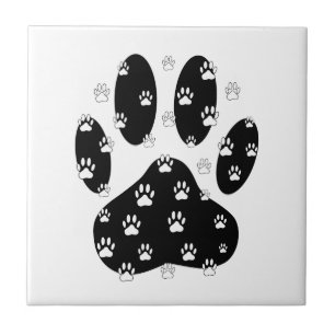 Azulejo De Cerâmica White Paws Na Impressão Da Pata Preta