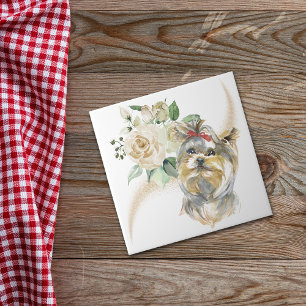 Azulejo De Cerâmica White Rose Buquê Yorkshire Terrier Dog
