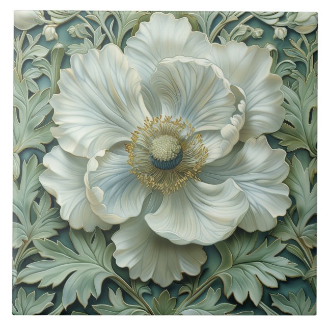 Azulejo De Cerâmica White Sage Green Flower Art Nouveau (Frente)