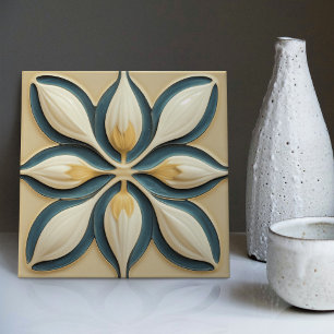 Azulejo De Cerâmica White Tulips on Blue Symmetric Art Deco