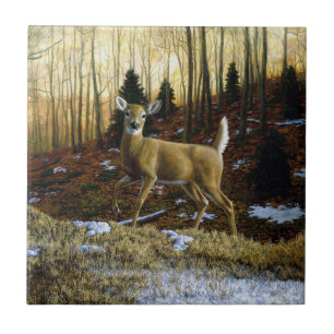 Azulejo De Cerâmica Whitetail Deer Doe na Floresta de outono
