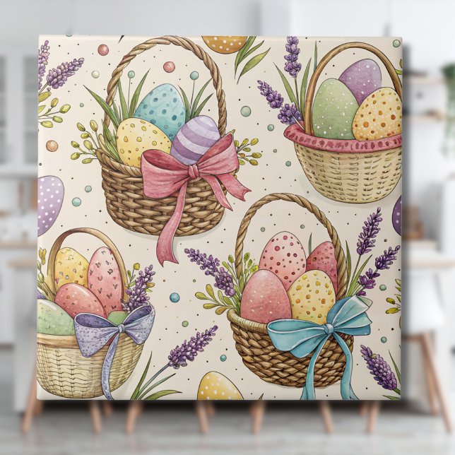 Azulejo De Cerâmica Wicker Basket Easter Eggs with Lavender (Criador carregado)