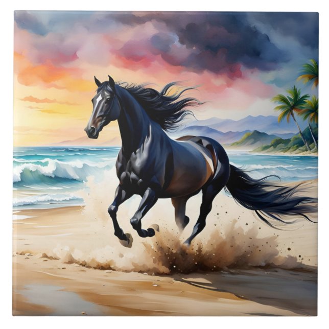 Azulejo De Cerâmica Wild black stallion galloping (Frente)