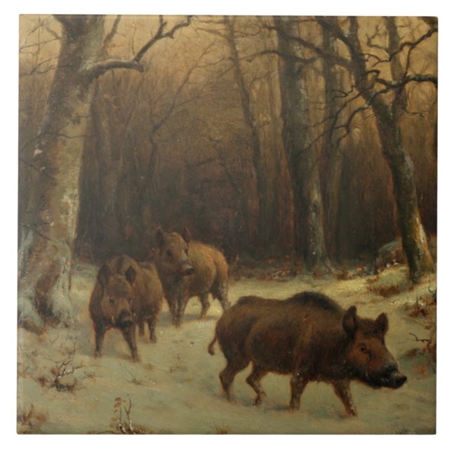 Azulejo De Cerâmica Wild Boars in the Snow (por Rosa Bonheur) (Frente)