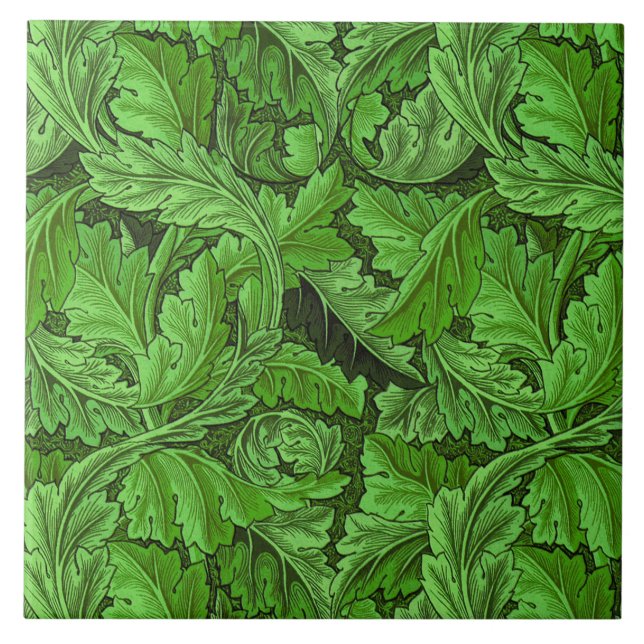 Azulejo De Cerâmica William Morris Acanthus Leaf em verde (Frente)