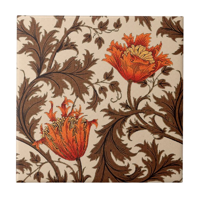 Azulejo De Cerâmica William Morris Anemone, Beige, Brown e Rust (Frente)