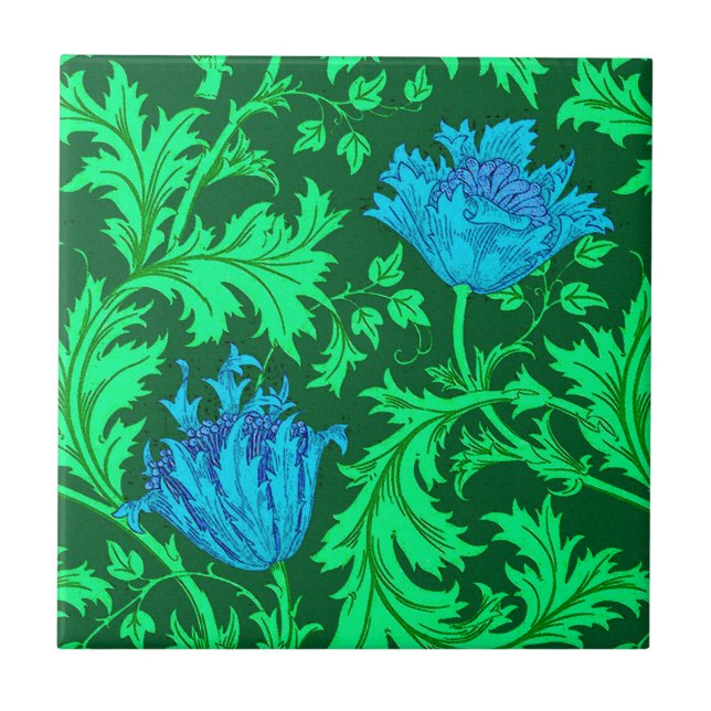 Azulejo De Cerâmica William Morris Anemone, Emerald Green e Blue (Frente)