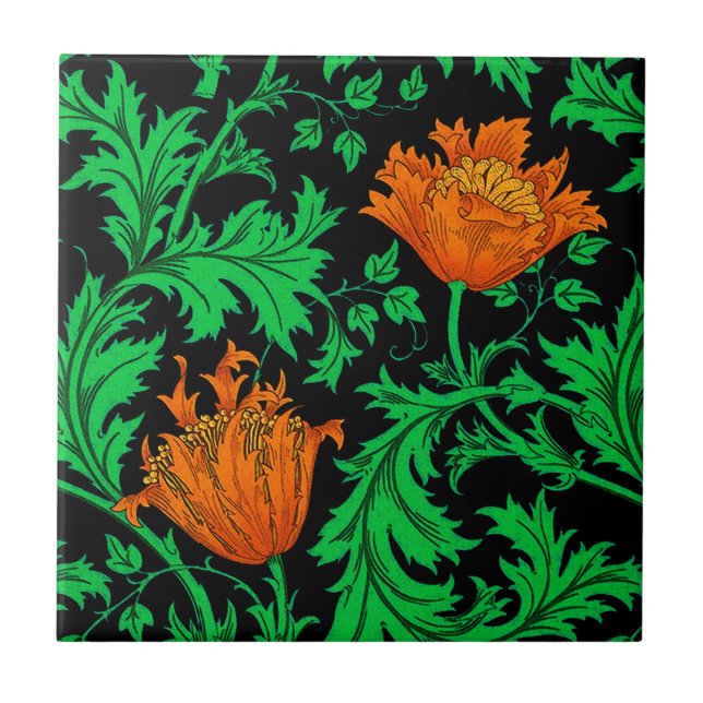 Azulejo De Cerâmica William Morris Anemone, Laranja, Verde e Preto (Frente)