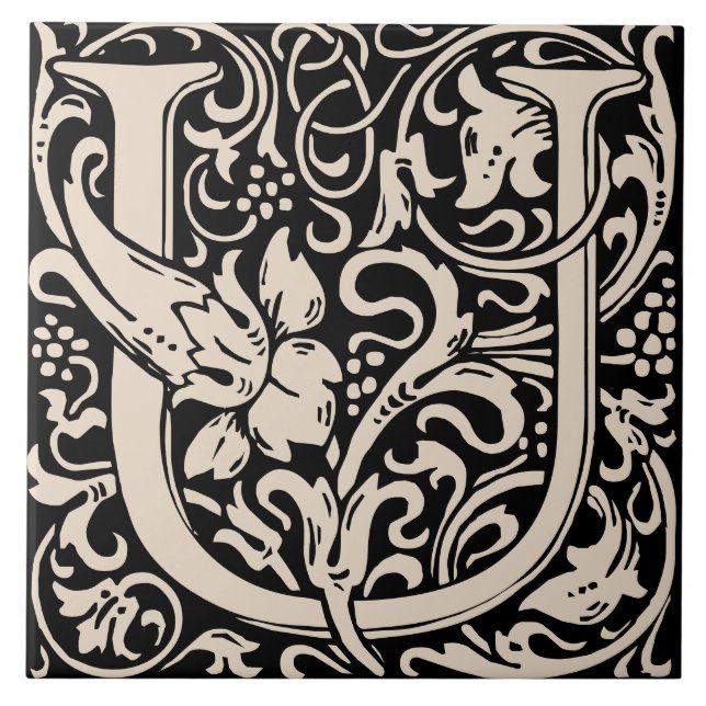 Azulejo De Cerâmica William Morris Art Nouveau Primeira Letra Floral U (Frente)