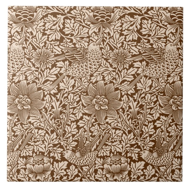 Azulejo De Cerâmica William Morris 'Bird and Anemone' em Brown (Frente)