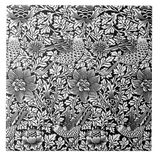 Azulejo De Cerâmica William Morris 'Bird and Anemone' em Preto e Branc (Frente)