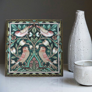 Azulejo De Cerâmica William Morris Birds e Tulips Green Art Nouveau