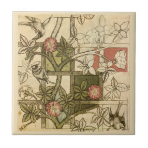 Azulejo De Cerâmica William * Morris Birds Trellis Vines Olive Beige
