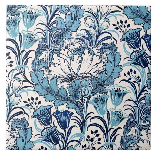 Azulejo De Cerâmica William Morris Blue Cream Padrão Floral (Frente)