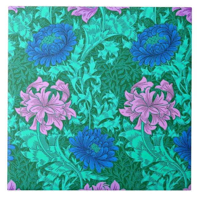 Azulejo De Cerâmica William Morris Chrysanthemums, Aqua e Violet (Frente)
