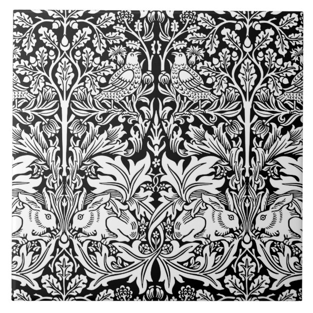 Azulejo De Cerâmica William Morris Coelho Negro e Branco (Frente)