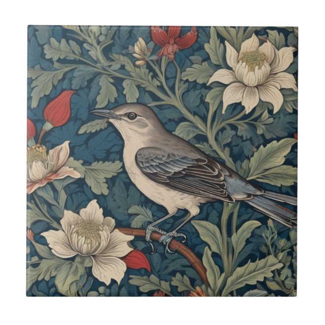 Azulejo De Cerâmica William Morris estilo Esquerdo Mockingbird Flor (Frente)