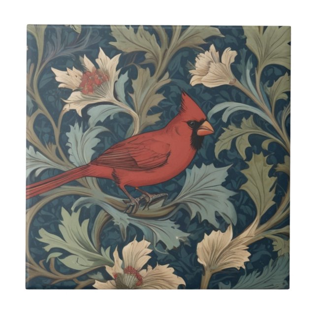 Azulejo De Cerâmica William Morris estilo Red Cardinal Bird (Frente)