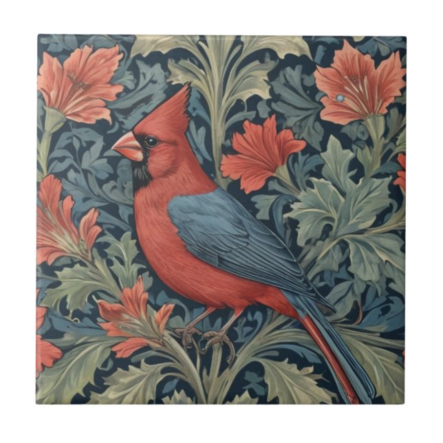 Azulejo De Cerâmica William Morris estilo Red Cardinal Bird L floral (Frente)