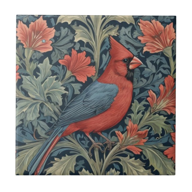 Azulejo De Cerâmica William Morris estilo Red Cardinal Bird R floral (Frente)