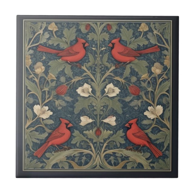 Azulejo De Cerâmica William Morris estilo Red Cardinal Birds (Frente)