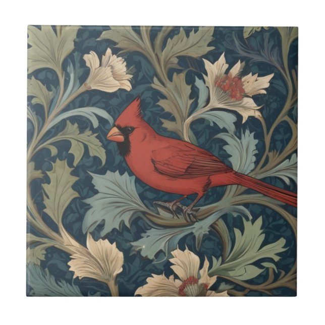 Azulejo De Cerâmica William Morris estilo Red Cardinal Pássaro virado  (Frente)